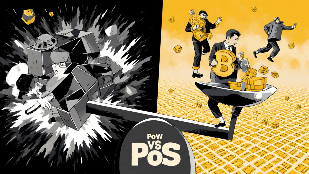 Miners solving puzzle cubes on one side, validators with ETH stakes on the other, balanced under a PoW vs PoS scale.