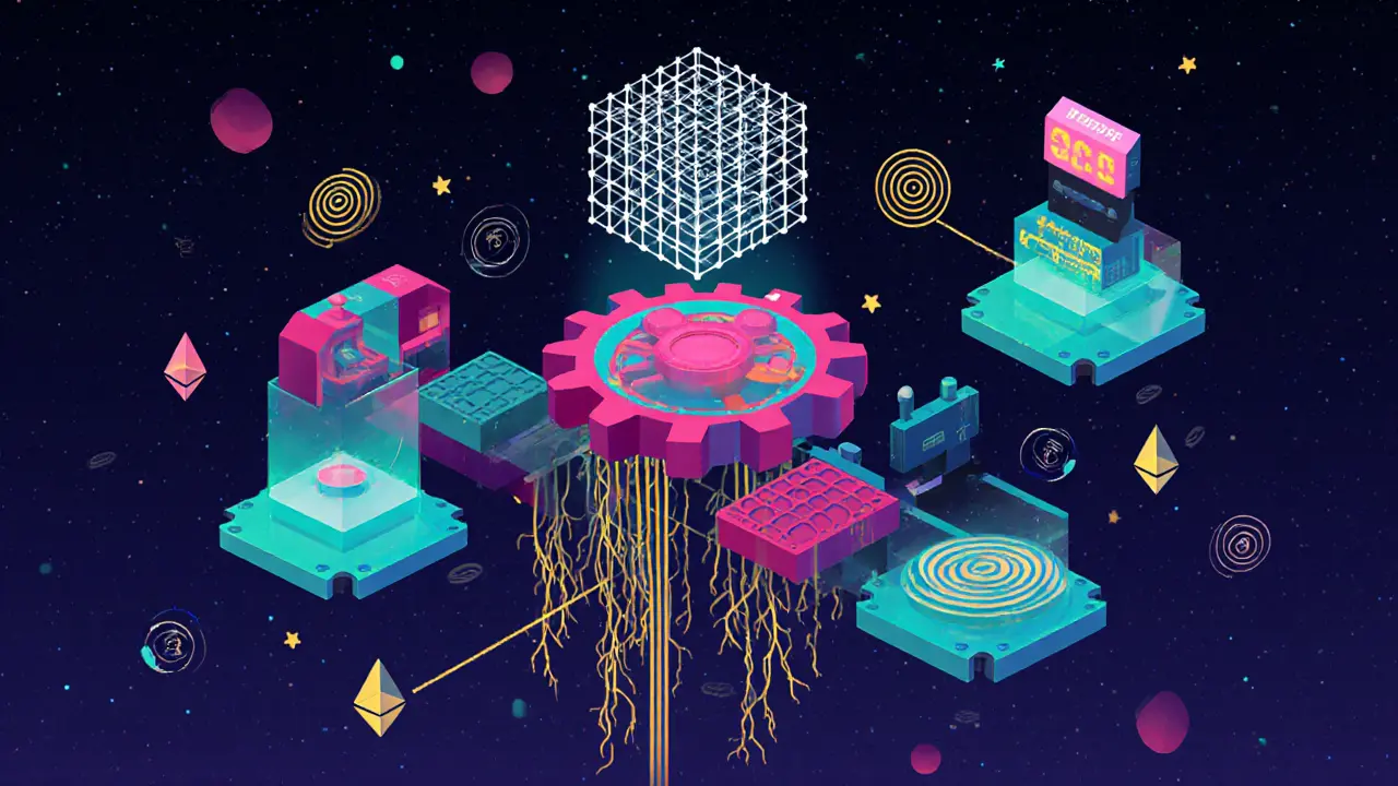 Modular blockchain components as interlocking machine parts: data lattice, gear, and bridge connecting chains in abstract icons.