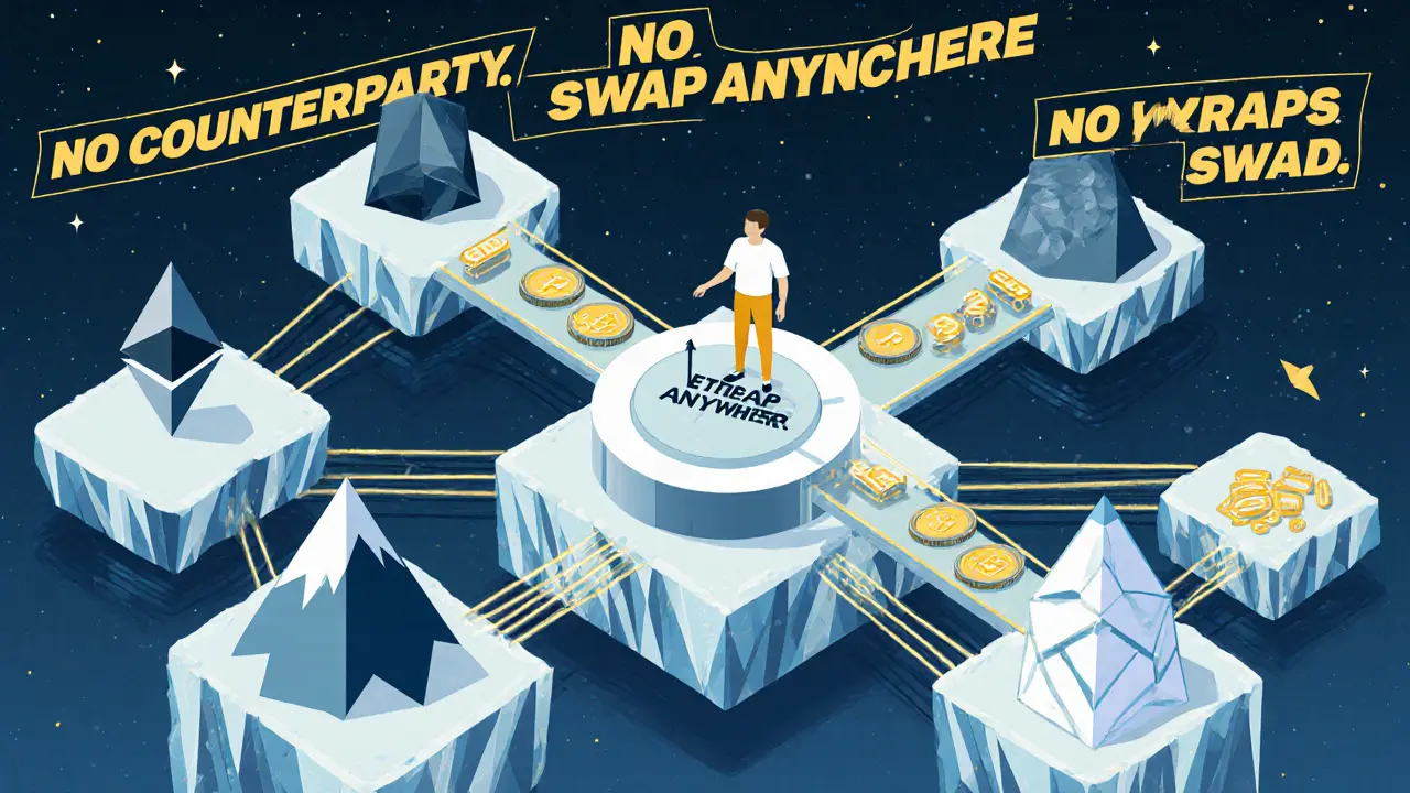 Multi-chain platforms connected by BNT bridges, user swapping tokens across blockchains with one click.