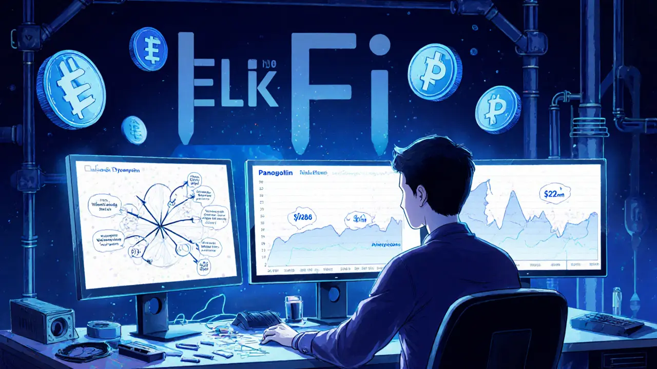 Trader comparing Elk Finance&#039;s low Avalanche volume to Pangolin&#039;s high volume on three monitors