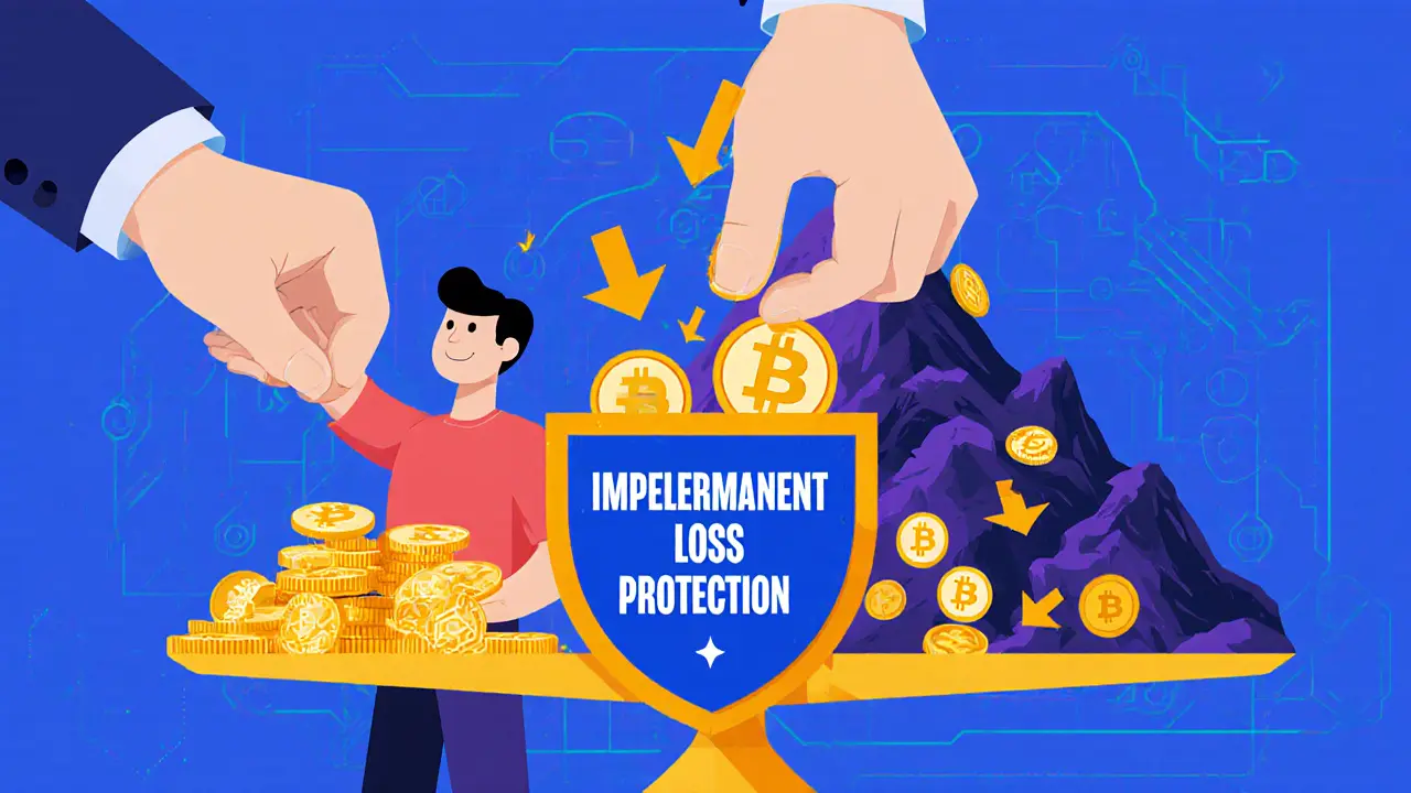 Trader using a shield to protect against price drops while swapping tokens in a stylized crypto world.