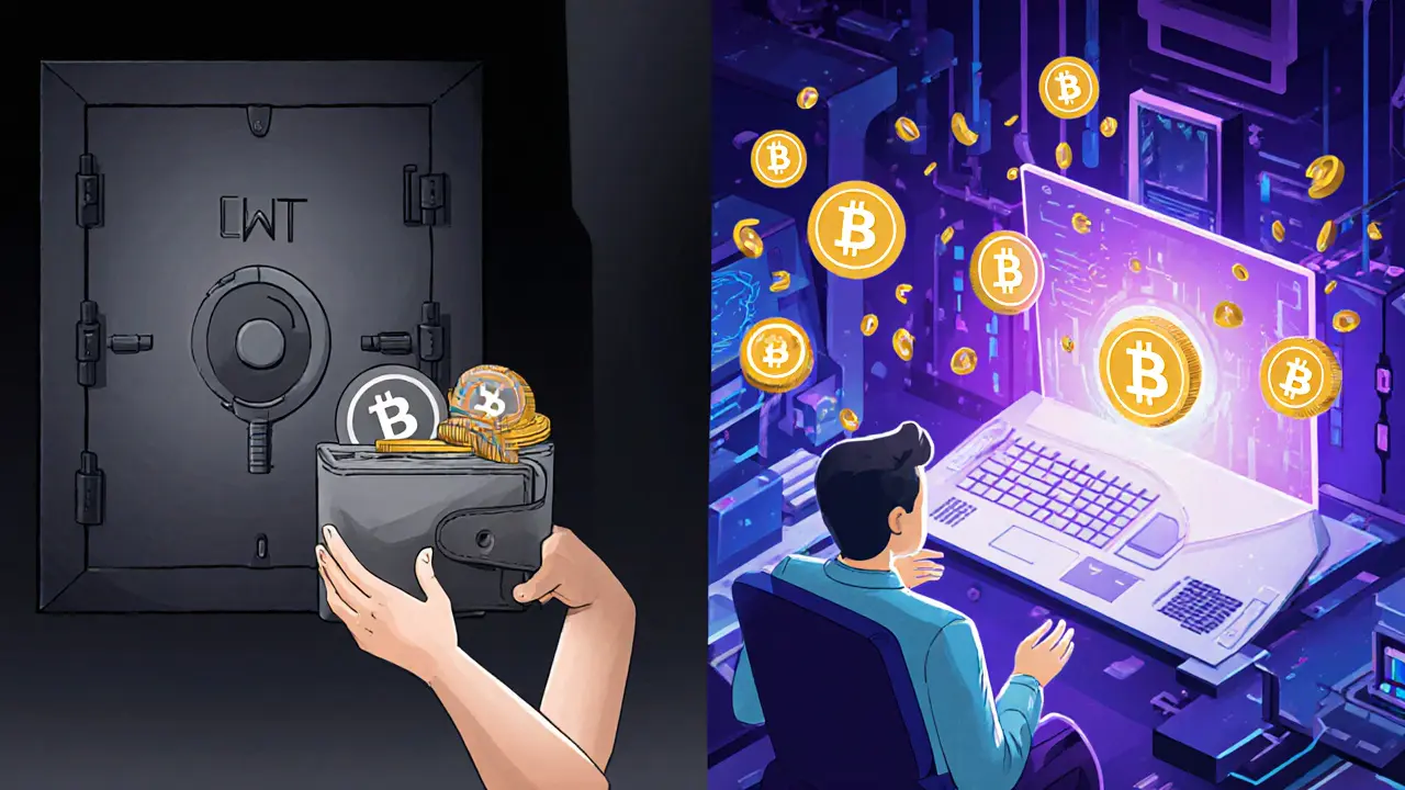 Two figures: one with idle tokens, another earning CWT through active trading