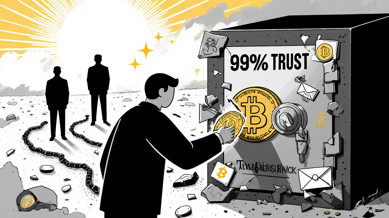 User deposits Bitcoin into a vault as a chain of broken trust crumbles behind them.