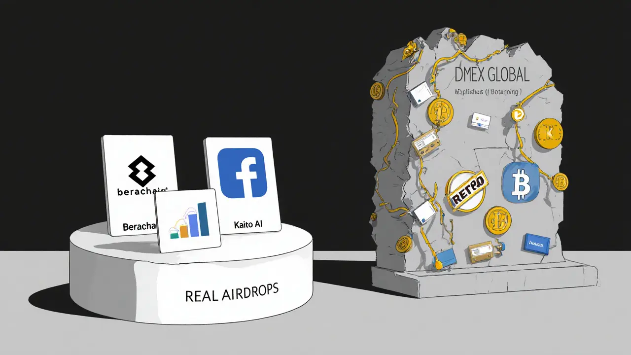 Verified crypto projects stand on a pedestal while a crumbling DMEX monument decays beside them.