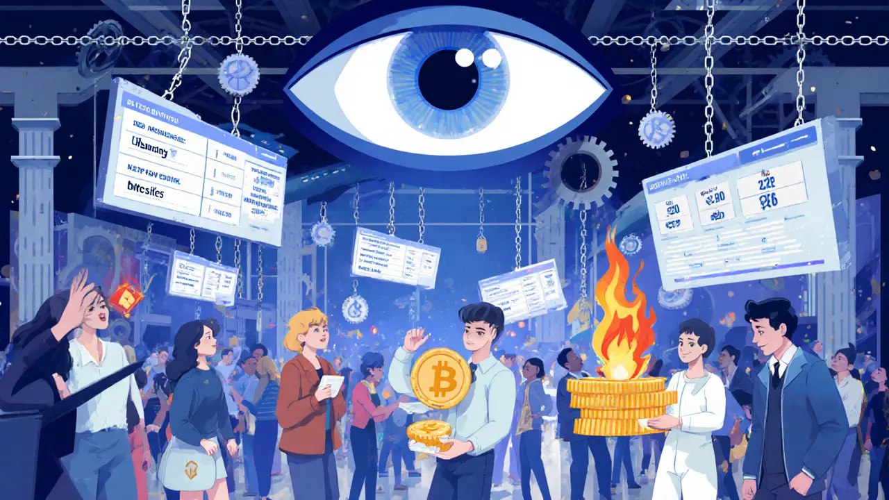 Web3 users receiving or failing quests under a monitoring AI eye, with gas fees burning in foreground