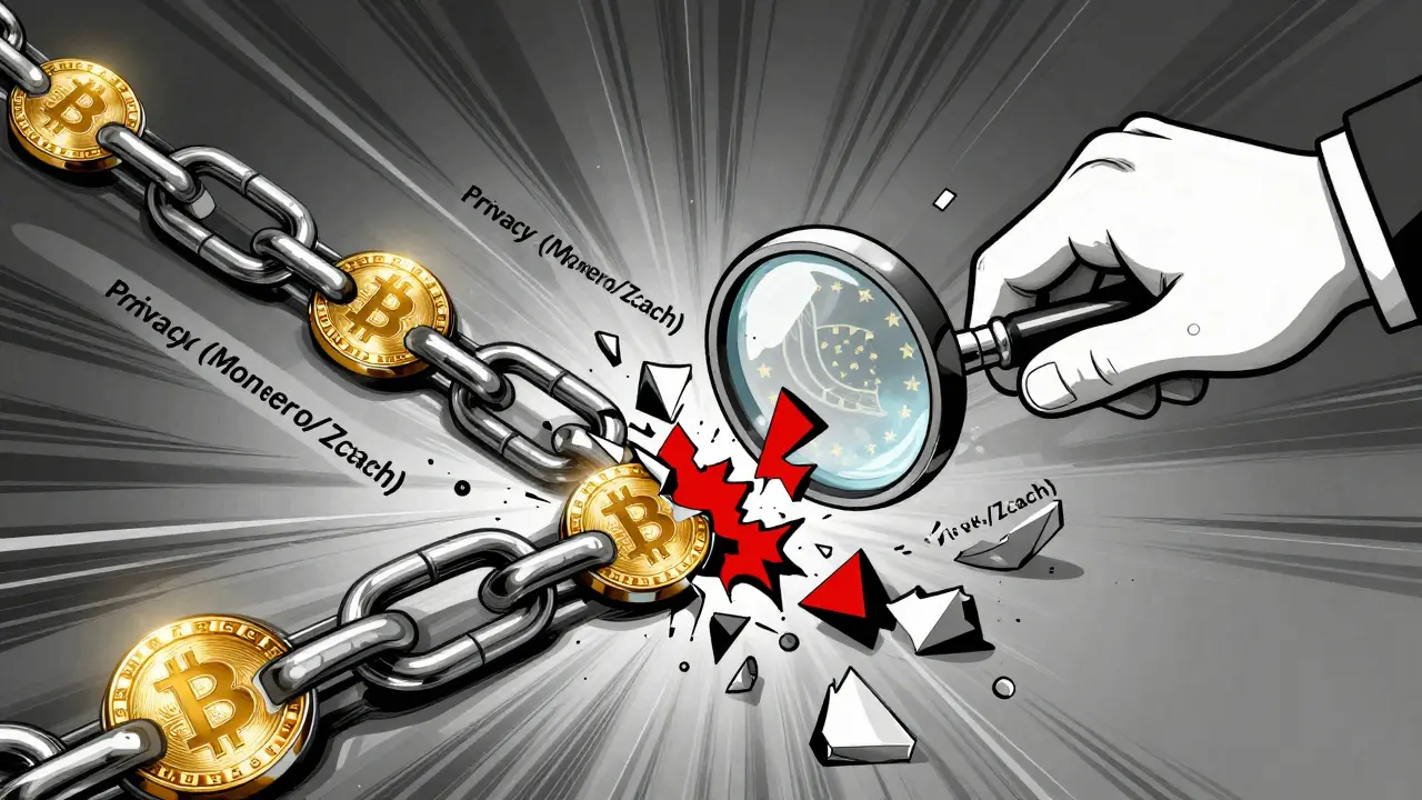 A blockchain breaking apart as privacy coins shatter under a regulatory magnifying glass.