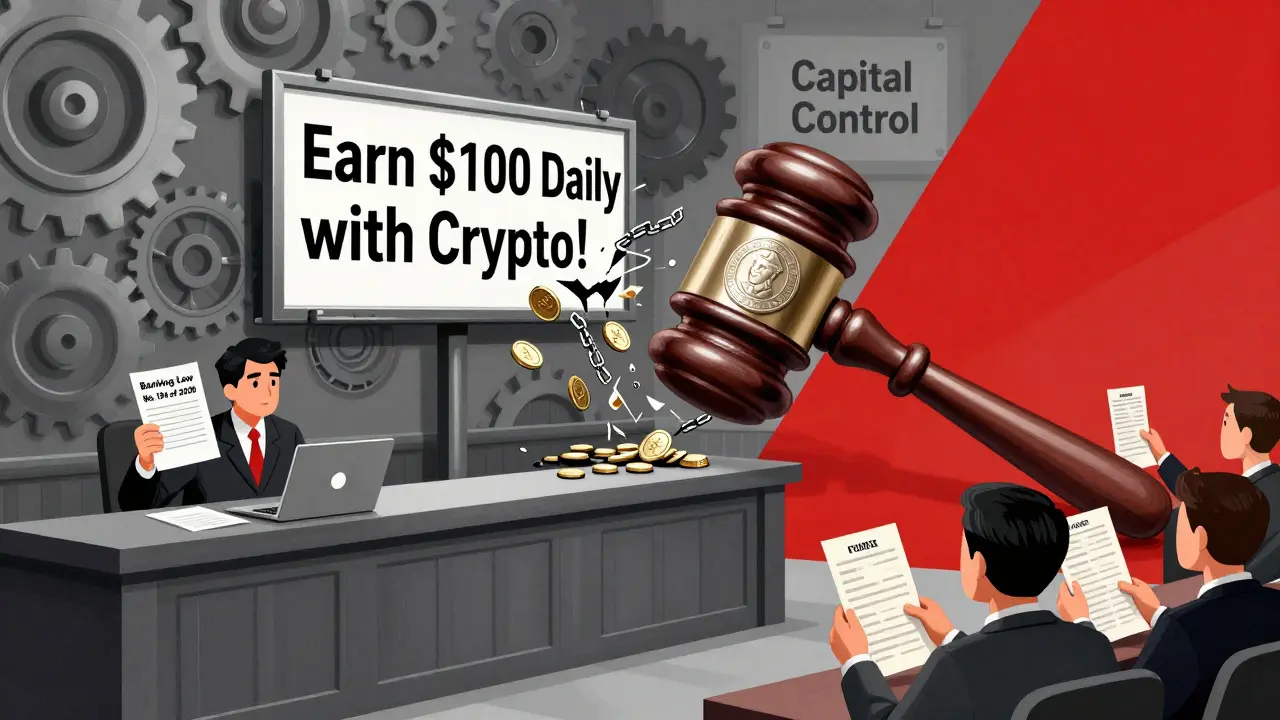 A courtroom gavel shaped like a bank seal smashes a crypto ad while citizens hold documents.