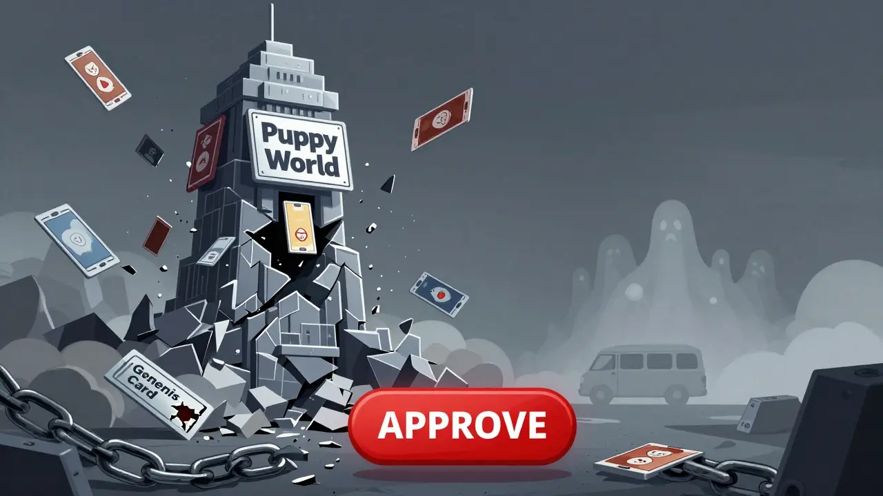 A crumbling Puppy World metaverse tower with disintegrating NFT cards and a severed blockchain chain below.