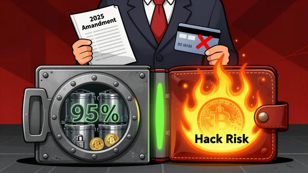 A crypto wallet split between secure cold storage and a flaming hot wallet, with a Japanese regulator enforcing new rules.