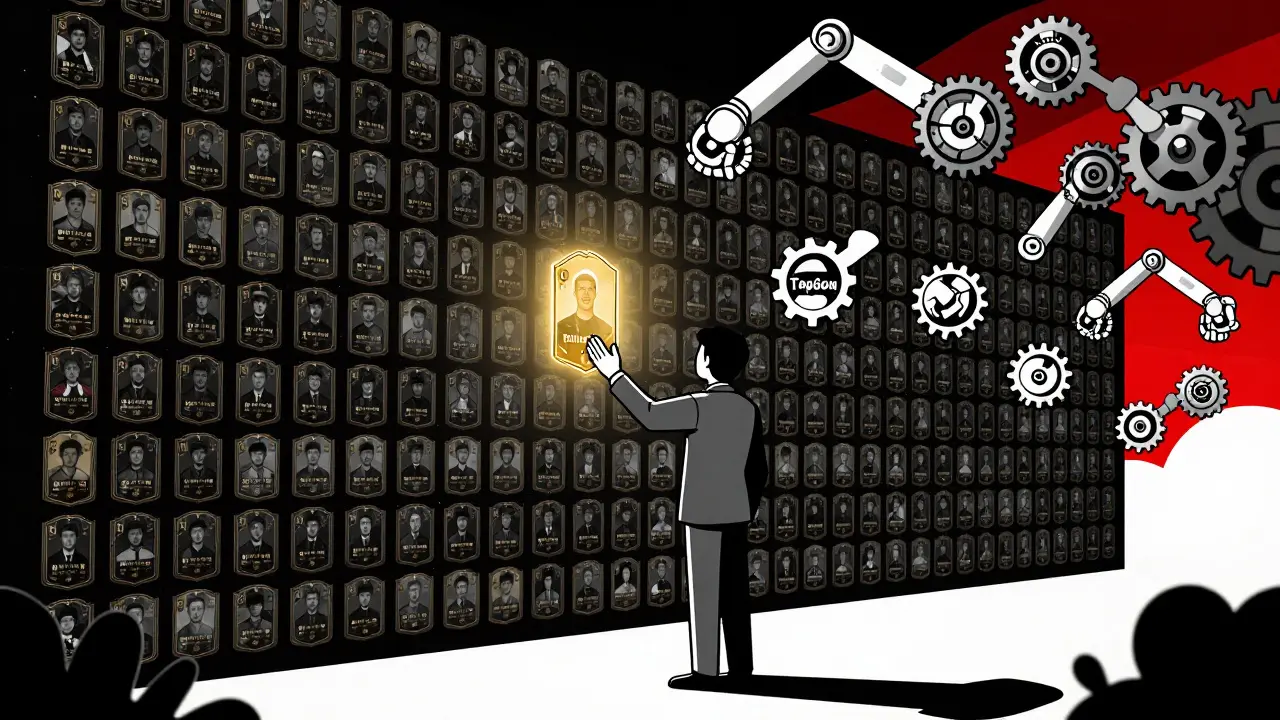 A fan reaching for one glowing NFT among thousands, with mechanical steps forming gears in the background.