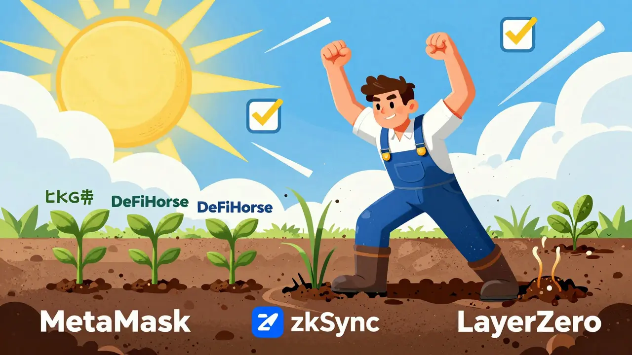 A farmer planting verified crypto projects as healthy seeds, while DeFiHorse plants wither in the background.