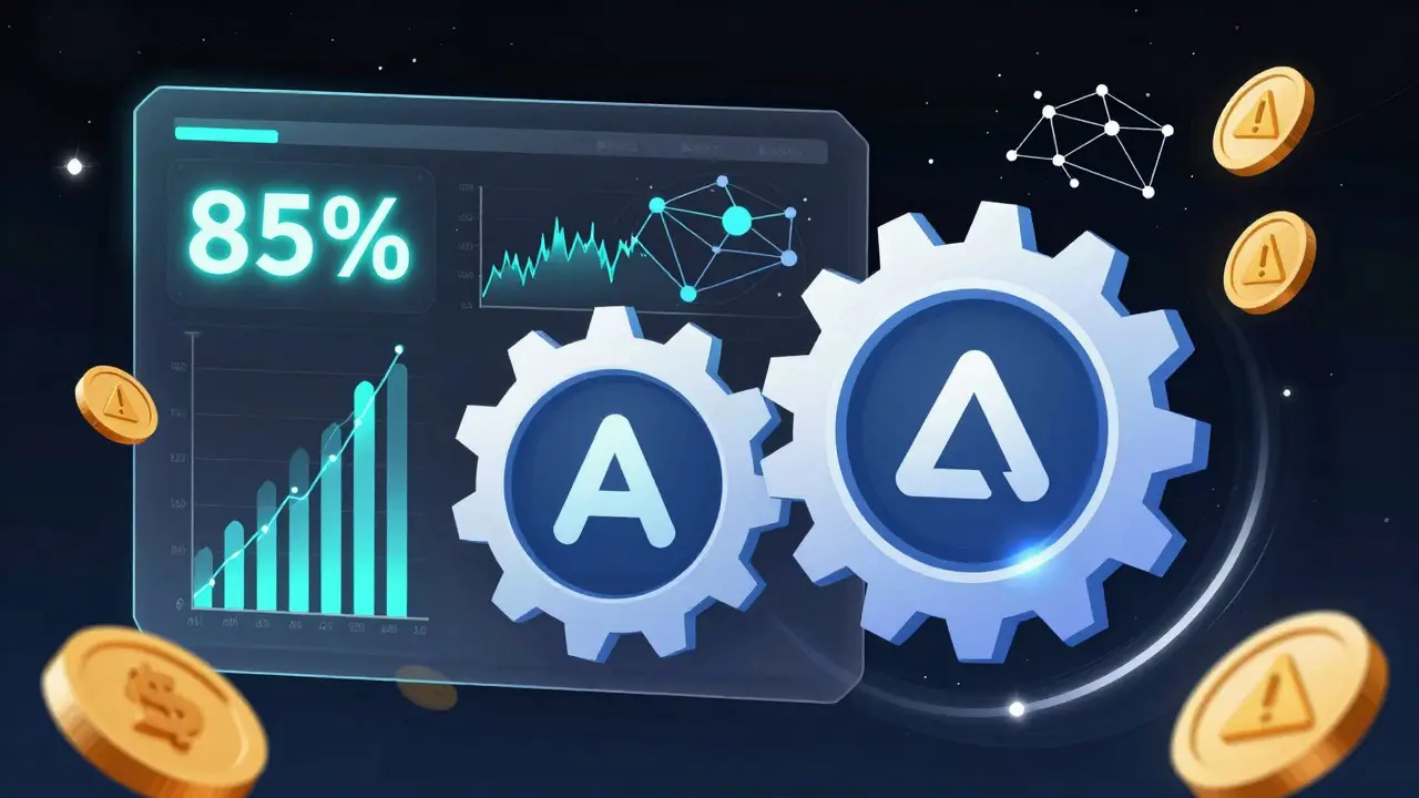 A floating DeFi dashboard showing 85% utilization, AI predictions, and platform gears in industrial Constructivist design.