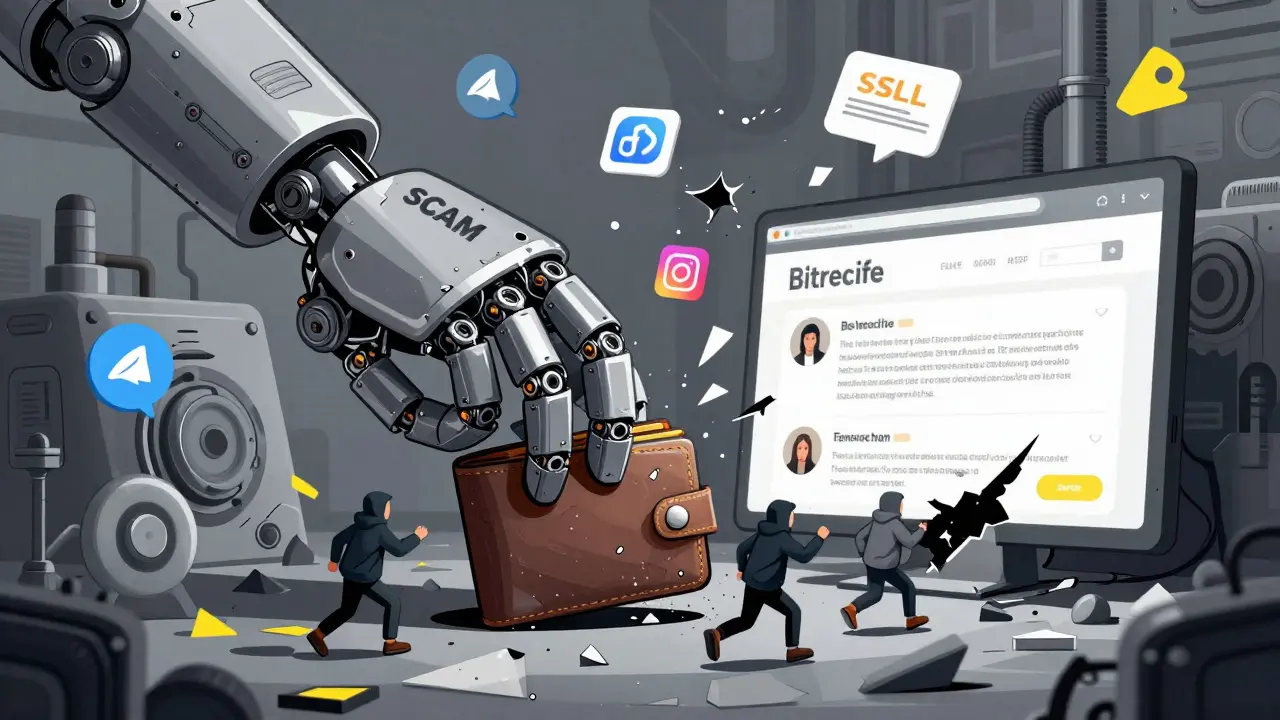 A giant mechanical hand crushes a wallet beneath a collapsing Bitrecife website, surrounded by warning symbols.