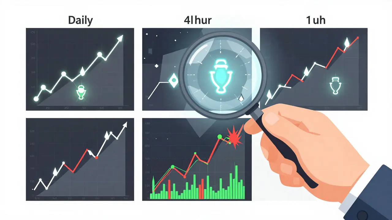 A hand with magnifying glass reveals Bullish Engulfing and Cup and Handle patterns on layered chart panels.