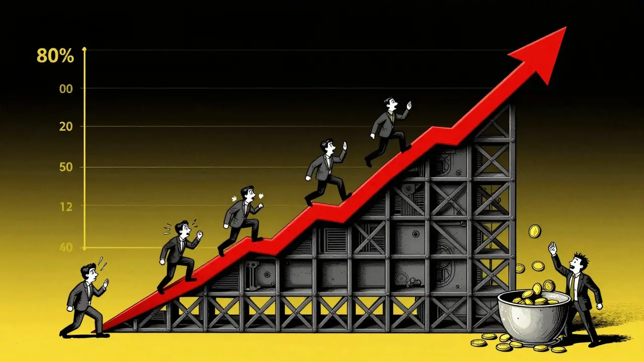 A kinked interest rate graph as a steel structure with steep spike above 80% utilization, featuring borrower and lender figures.