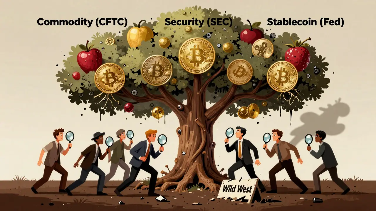 A legal tree with three crypto asset branches, operators classifying tokens as the Wild West fades away.