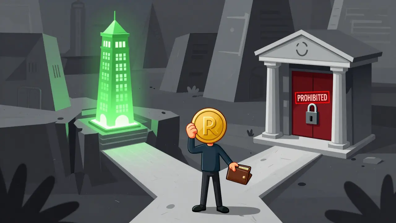 A person at a crossroads choosing between a non-EU exchange and a blocked EU bank gate.