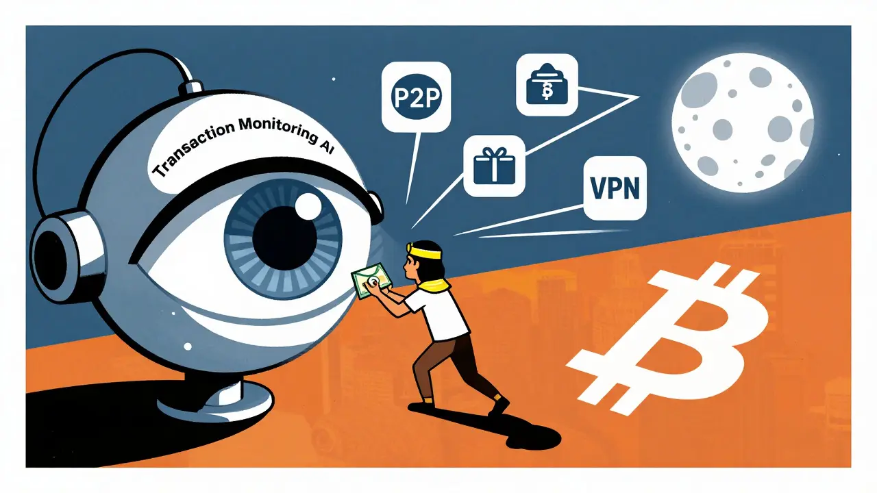 A person sneaks past a surveillance eye, carrying cash as crypto icons fade into VPN tunnels.