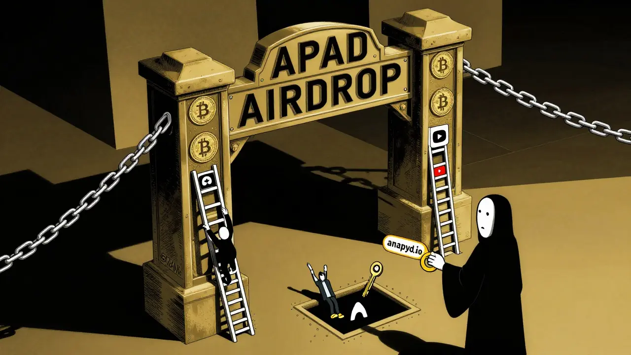 A sealed APAD airdrop gate with climbers falling into scams, while one reaches for a real key.