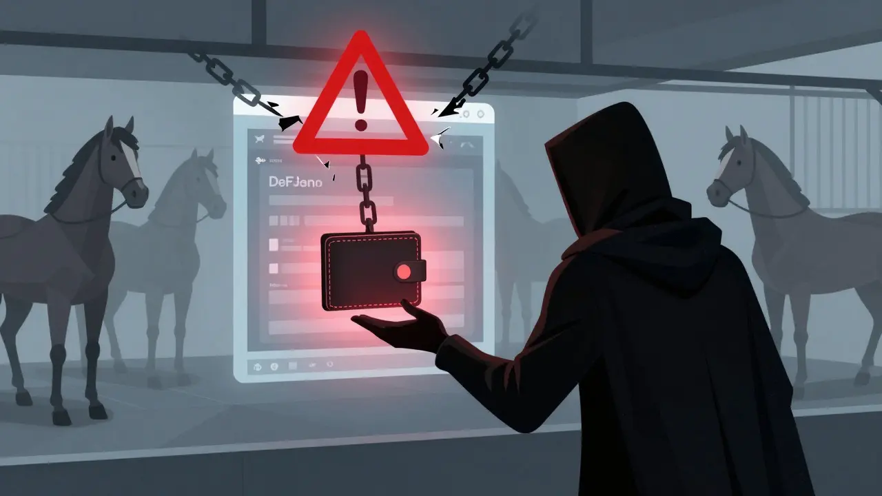 A shadowy figure reaching for a fake DeFiHorse website while real NFT horses stand safely nearby.