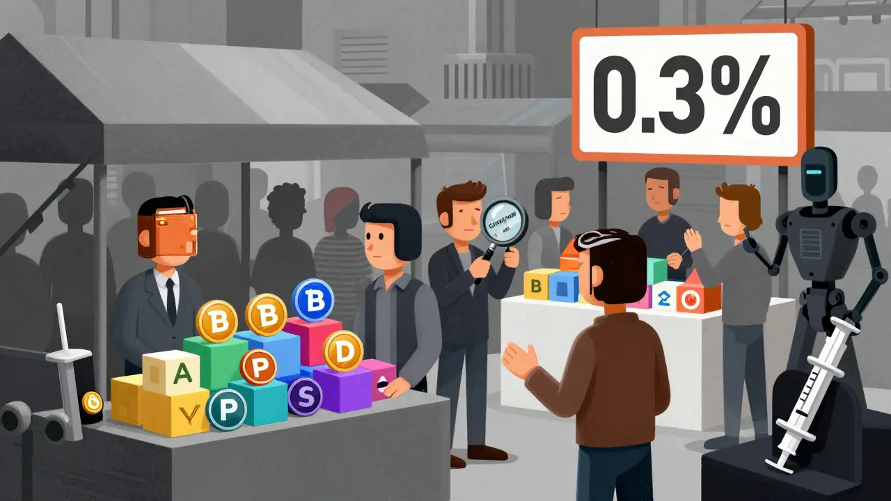 Abstract crypto farmers market with smart contract stalls and a front-running bot lurking among traders.