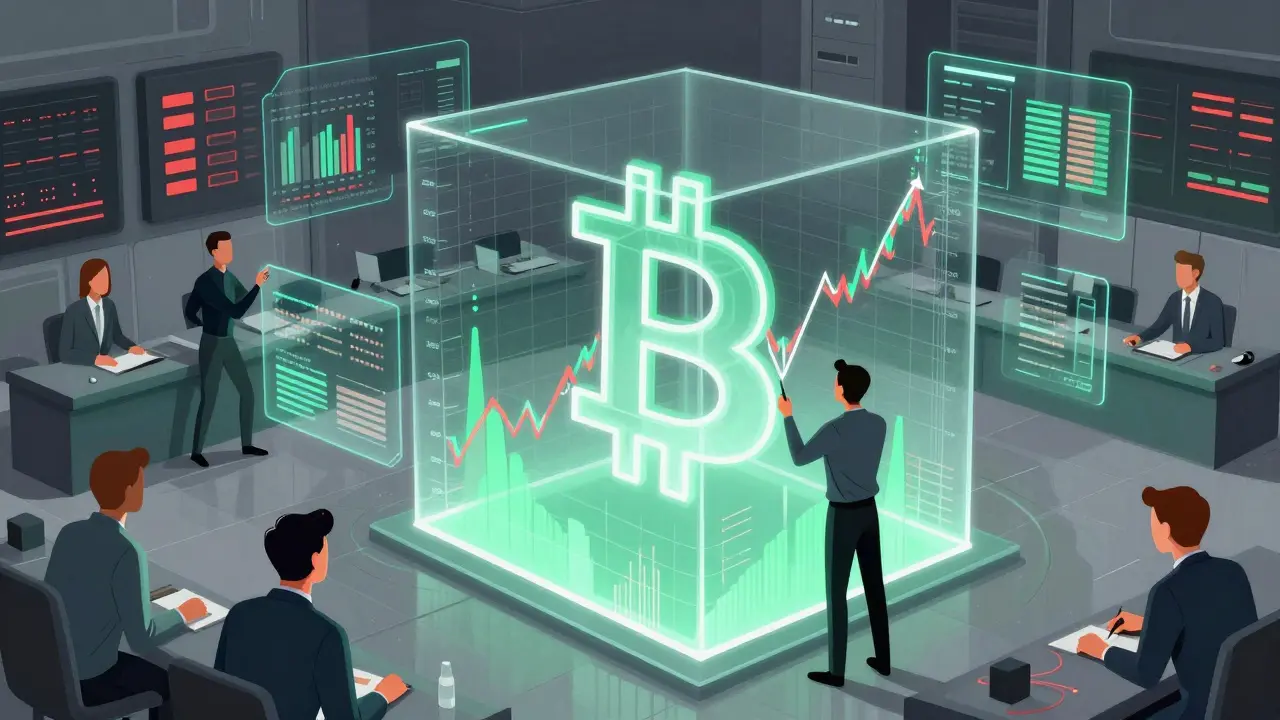 Abstract traders analyze a Bitcoin chart projected on a cube, with volume meters and AI grids floating nearby.