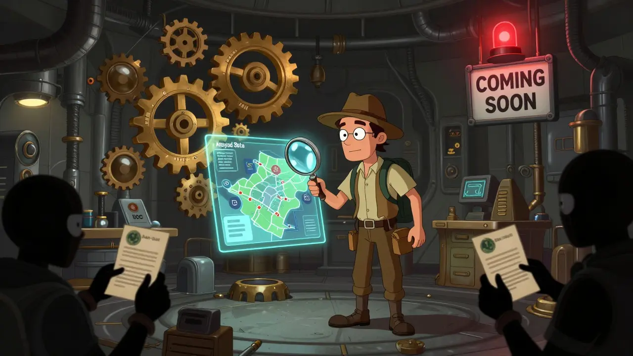 An explorer examining a half-built Anypad beta map amid floating tools and shadowy scam figures.