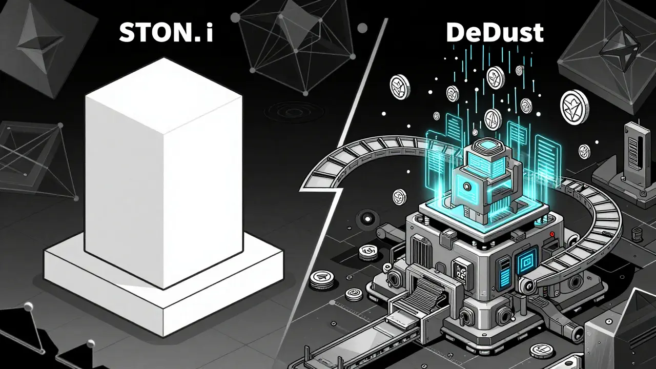 Comparison of STON.fi and DeDust DEX interfaces, with SCALE tokens raining down, rendered in industrial Constructivist art style.