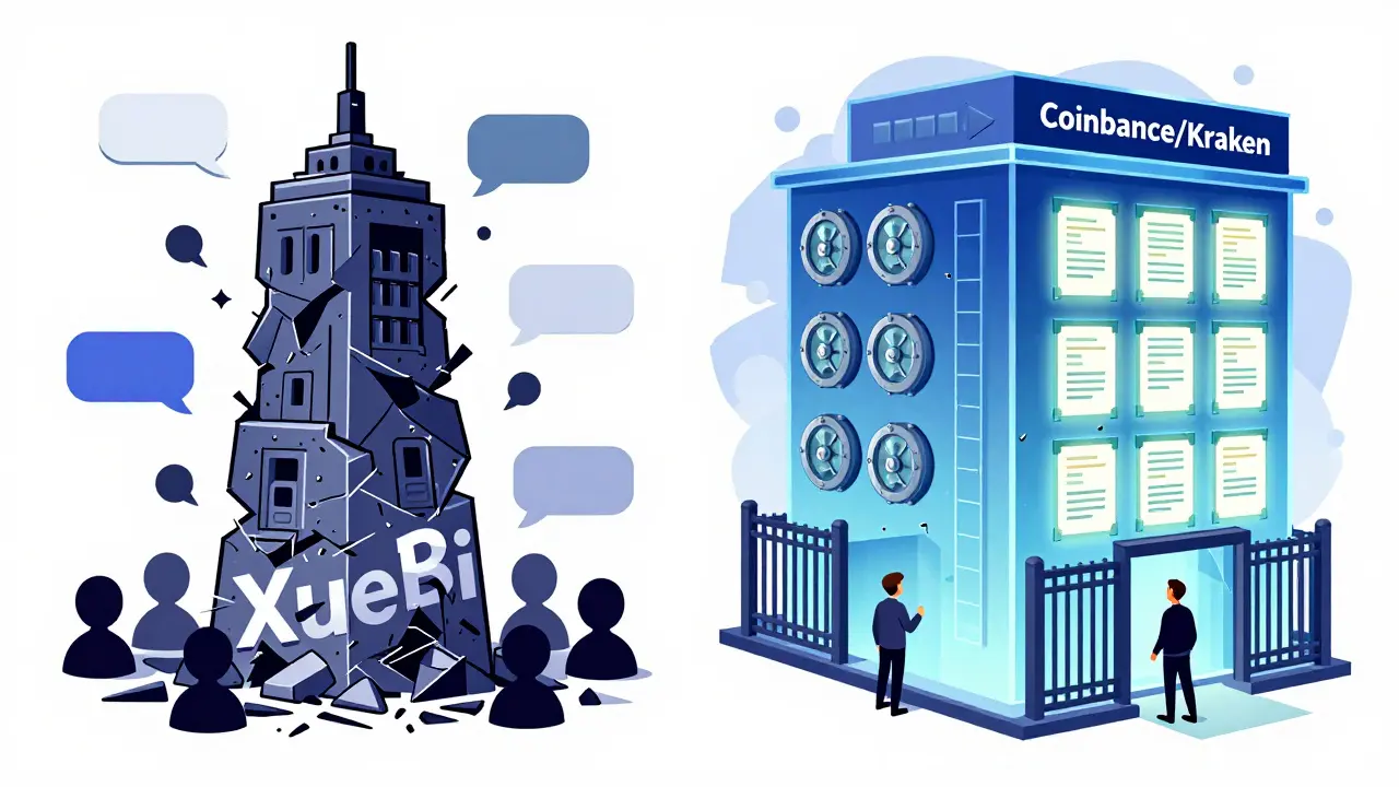 Contrasting crumbling XueBi tower with silent users vs. solid regulated exchange building with audits and happy users.