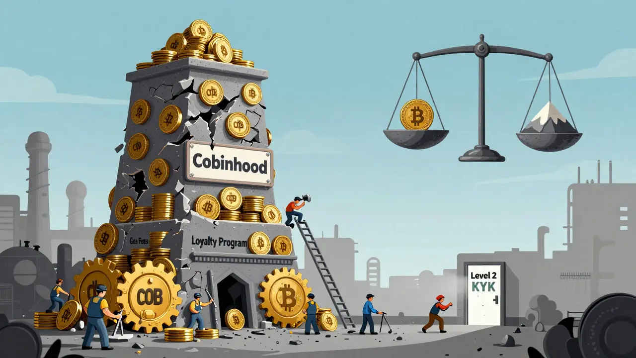 Crumbling COB token tower with workers and users climbing toward KYC door under a broken balance scale