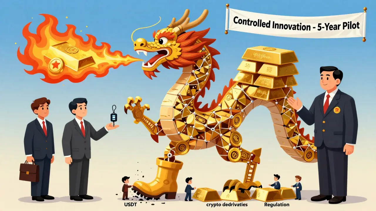 Dragon made of blockchain and gold bars breathing Vietnamese dong, with foreign investors handing keys to regulators