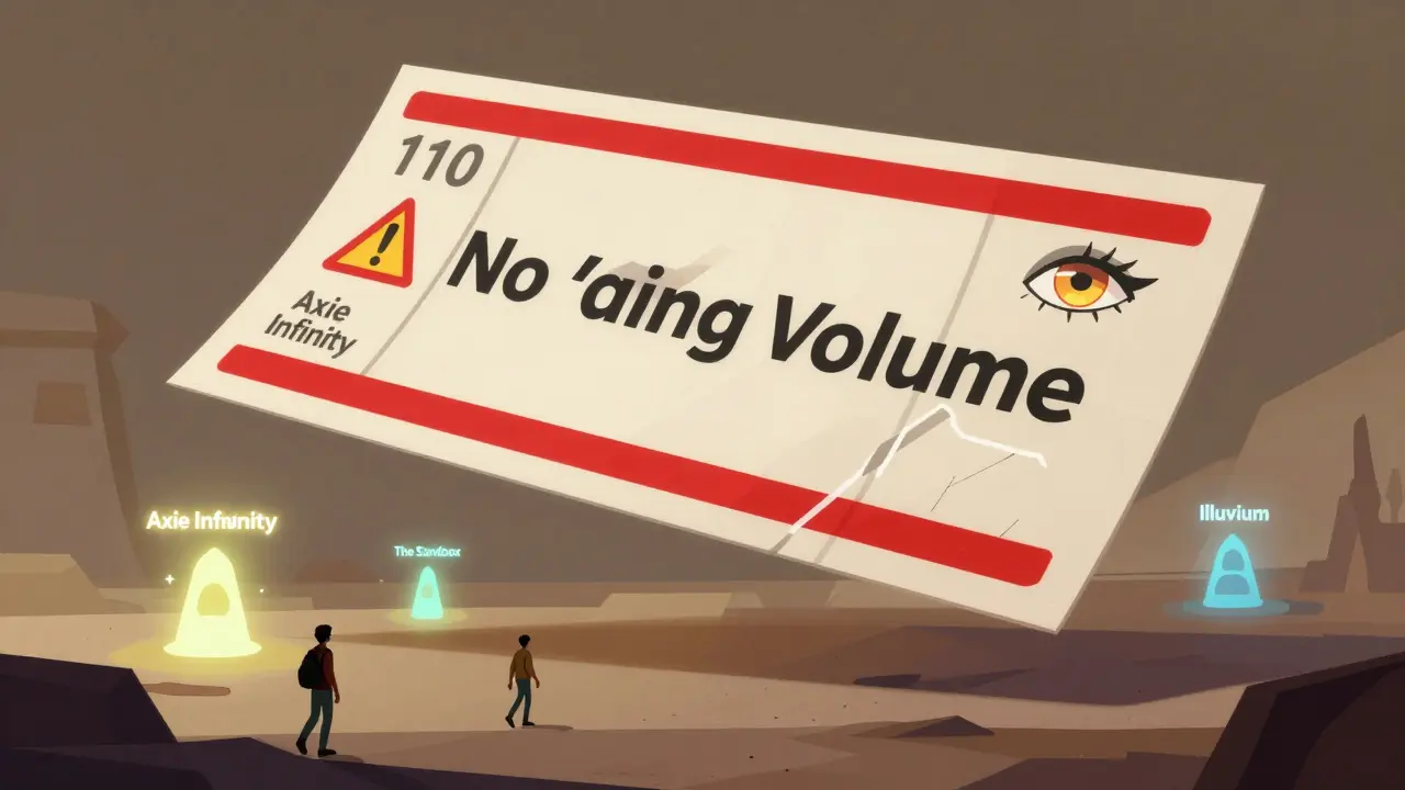 Dragon-scale lottery ticket floating over barren land as people walk toward established GameFi projects.