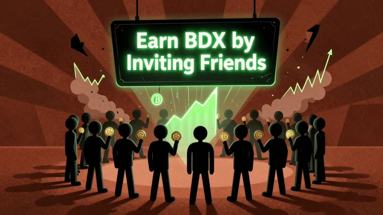 Faceless users stand in a queue, holding BDX tokens as lottery tickets under a neon 'Earn BDX by Inviting Friends' sign.
