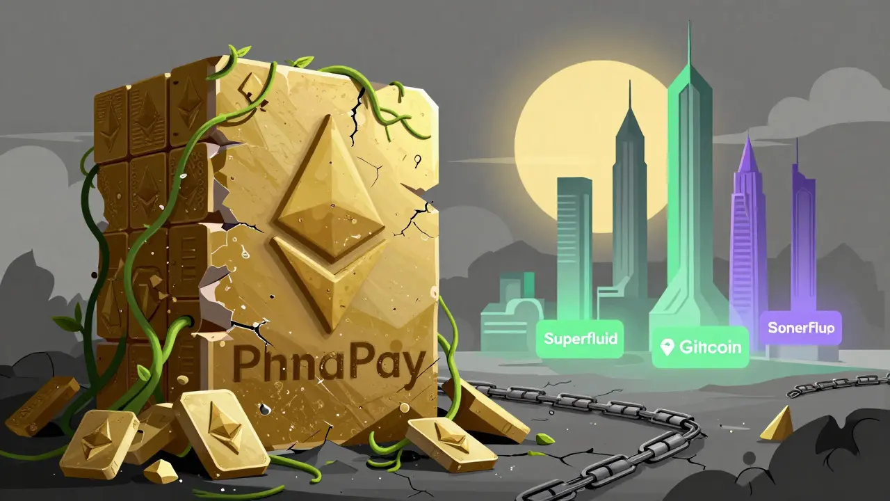 Faded PumaPay monument overgrown with digital vines as new payment projects rise in the distance