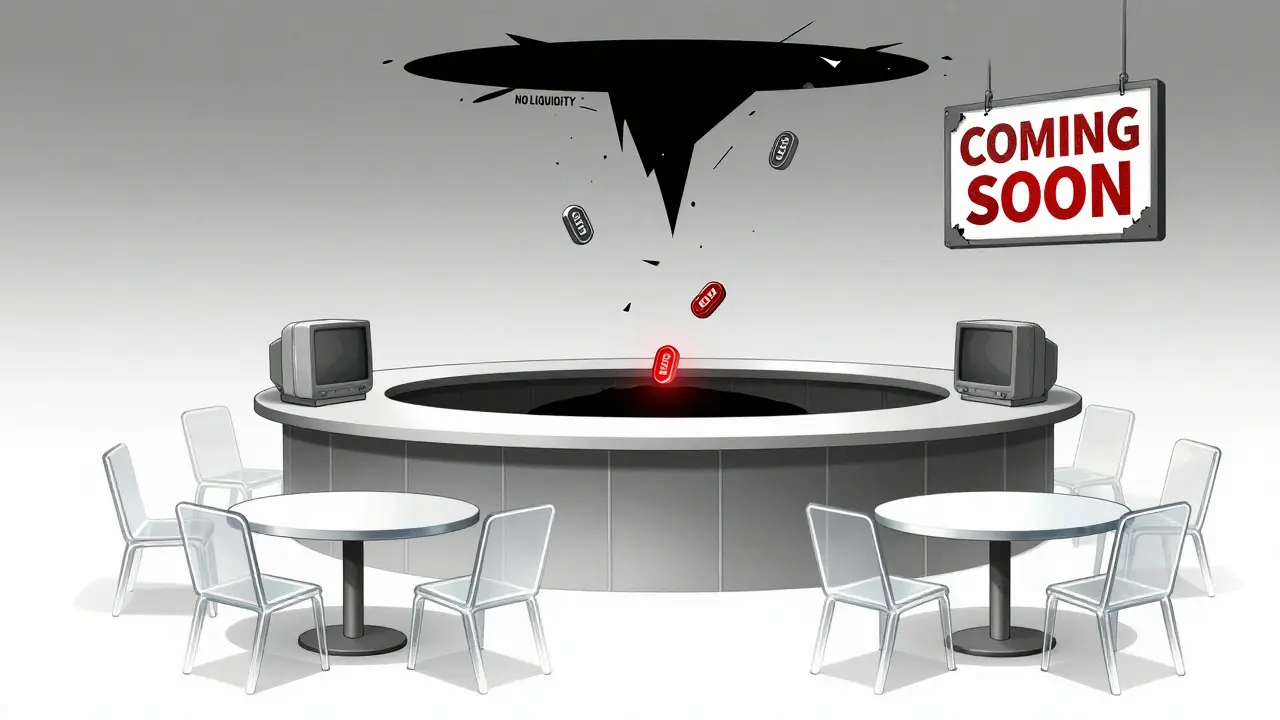 Ghostly metaverse bar with floating CRT tokens rising into a black hole, no customers, only decay.