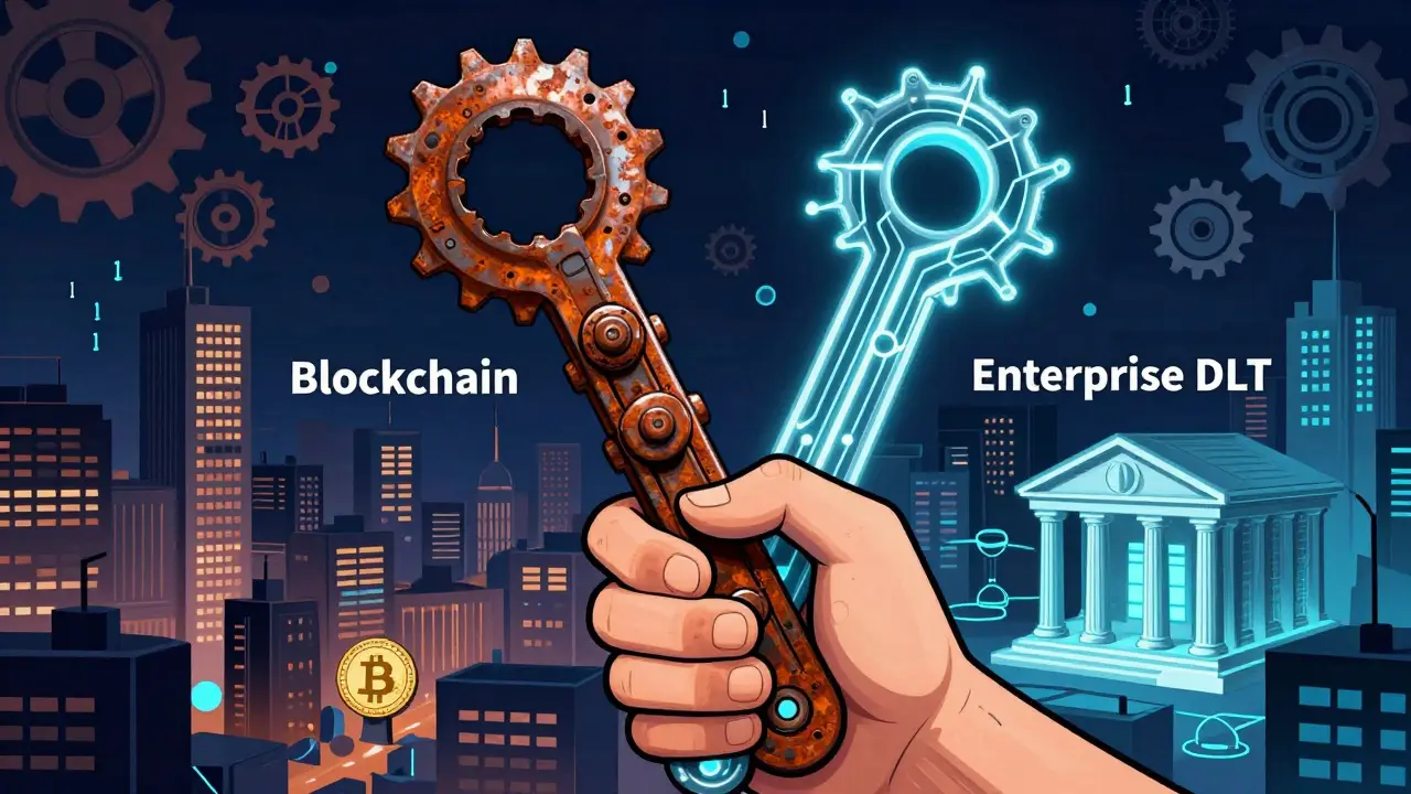 Giant hand holding blockchain chain vs DLT web, city divided behind, mechanical and digital elements combined.