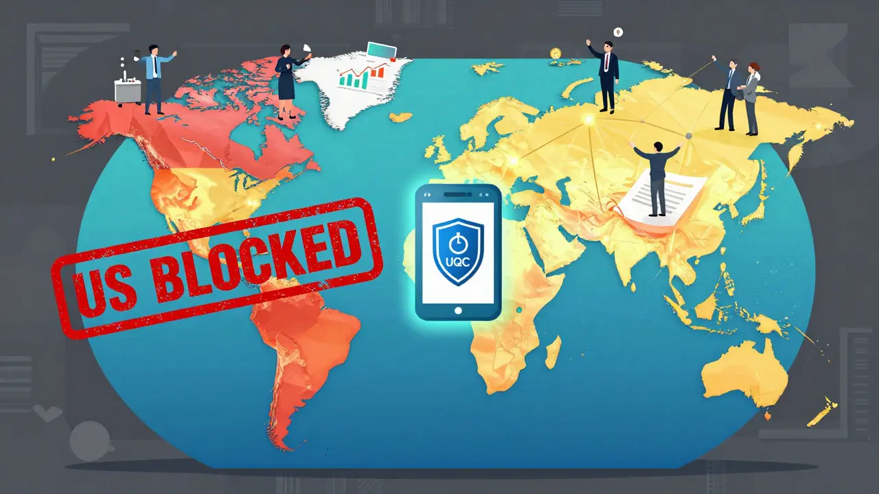 Globe showing US blocked in red, while other regions glow with connected traders and a secure mobile app icon.