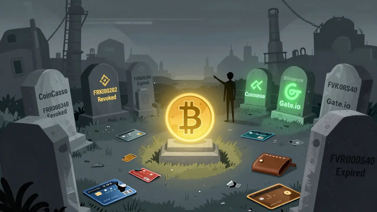 Graveyard of failed exchanges with tombstones, pointing toward trusted alternatives.