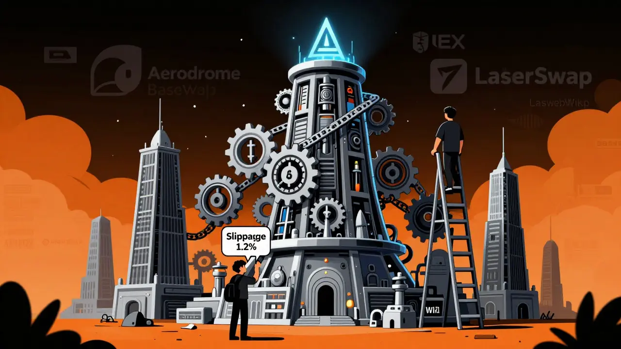 LaserSwap v2 structure rising from Base network, beginner lost at base while expert climbs toward analytics.