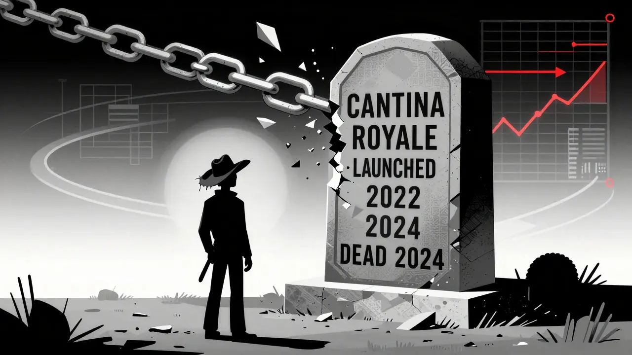 Lone figure before a digital tombstone for Cantina Royale, broken blockchain chains falling into darkness.