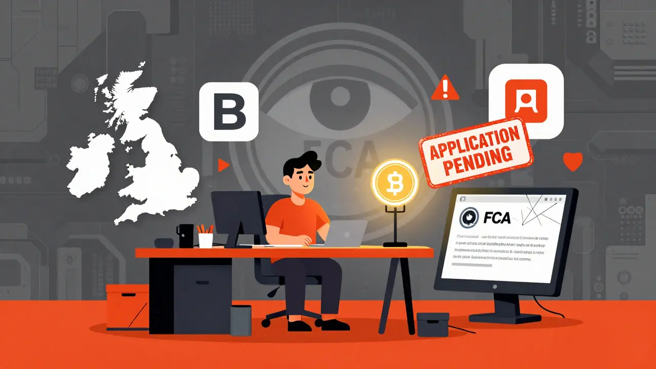Remote founder surrounded by UK market icons, blocked bank logos, and a looming FCA rejection notice in geometric cartoon style.