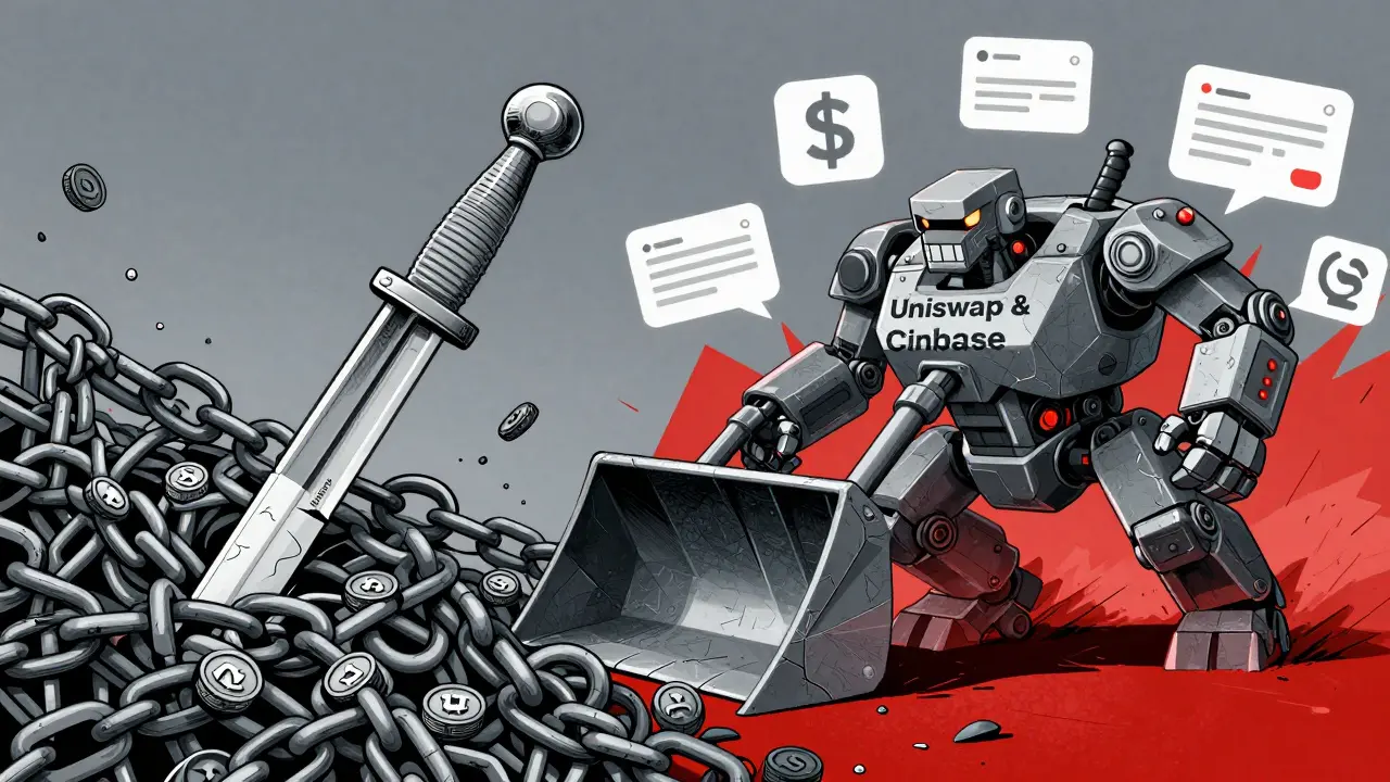 Scalpel piercing token chains vs. bulldozer of big exchanges in industrial cartoon style
