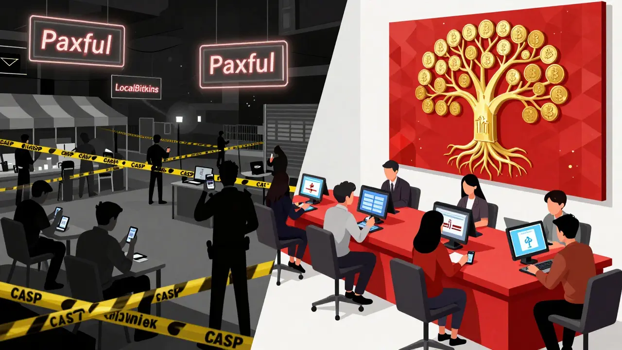 Split scene: chaotic unlicensed crypto trading vs. orderly licensed CASP trading floor in Vietnam