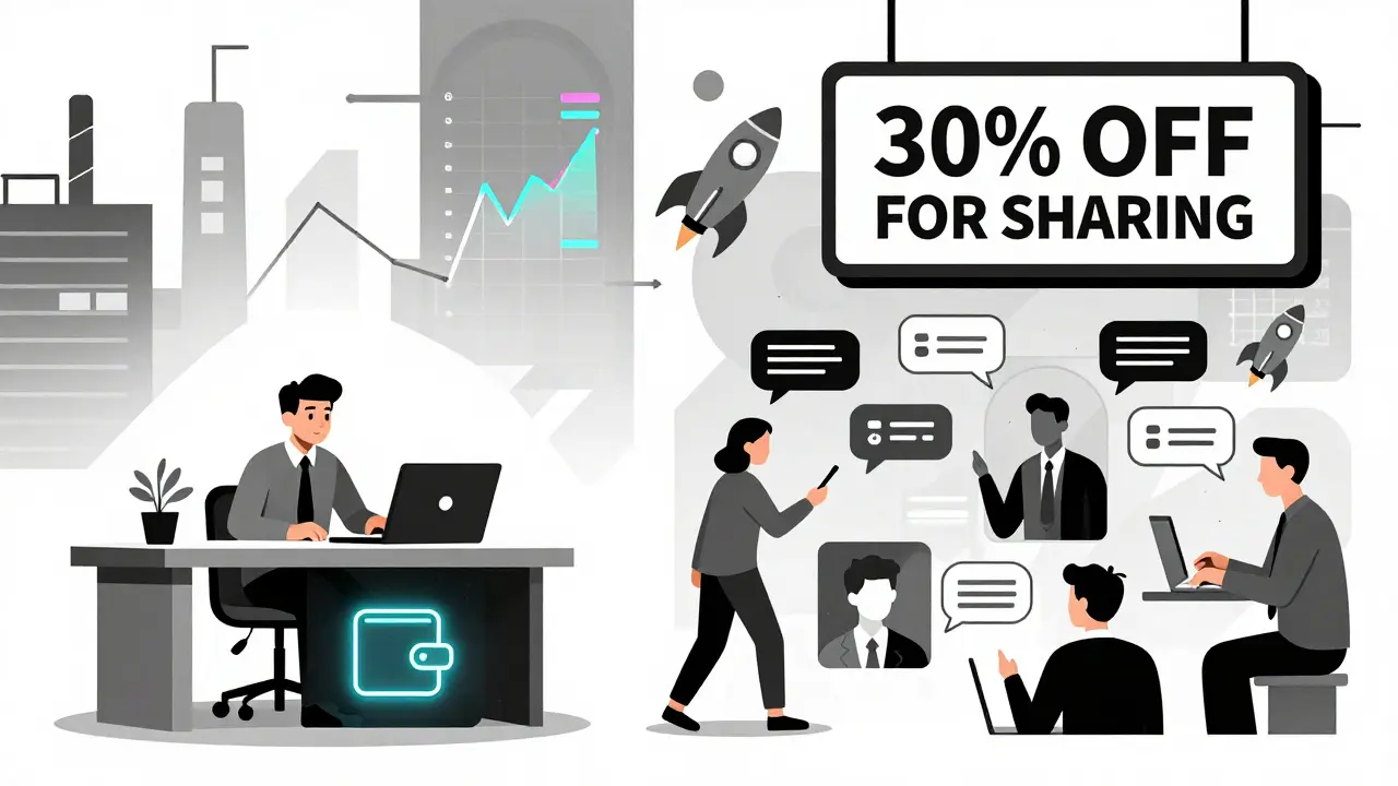 Split scene: cold wallet security on one side, social trade sharing on the other, with discount signs in bold typography.