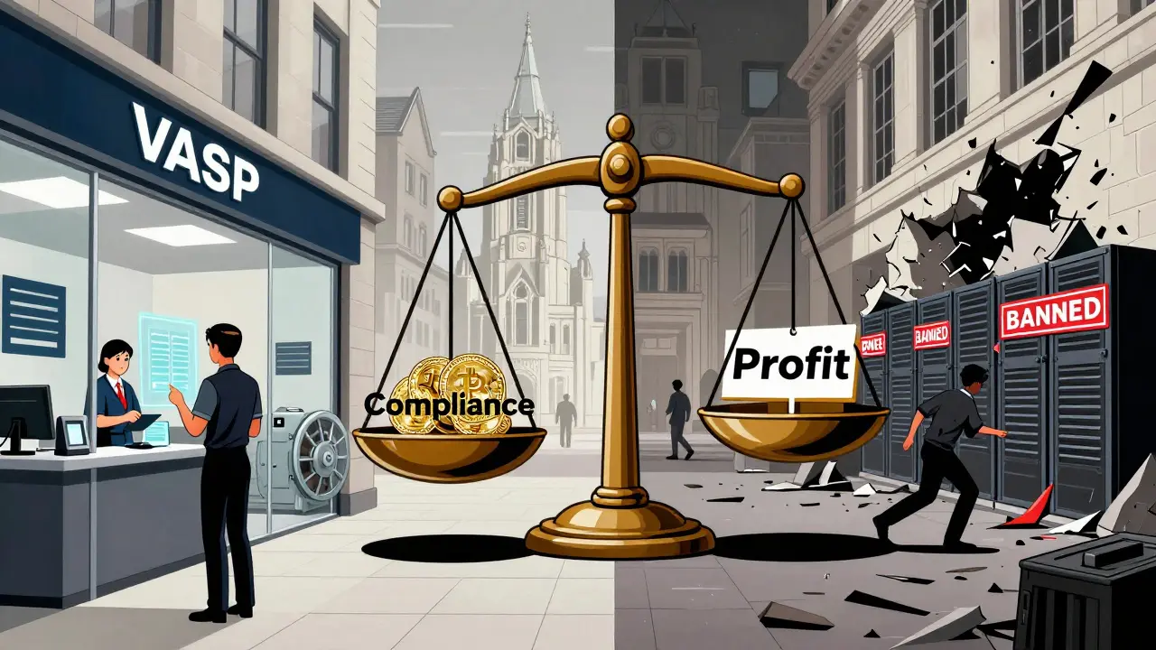 Split scene: compliant London VASP office vs. collapsing unregistered crypto operation, balanced by a symbolic scale.