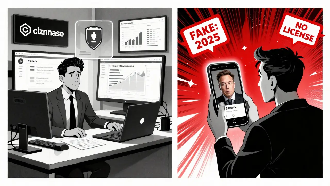 Split scene: legitimate crypto exchanges vs. Bitrecife's fake ads with future-dated reviews, in bold Constructivist design.