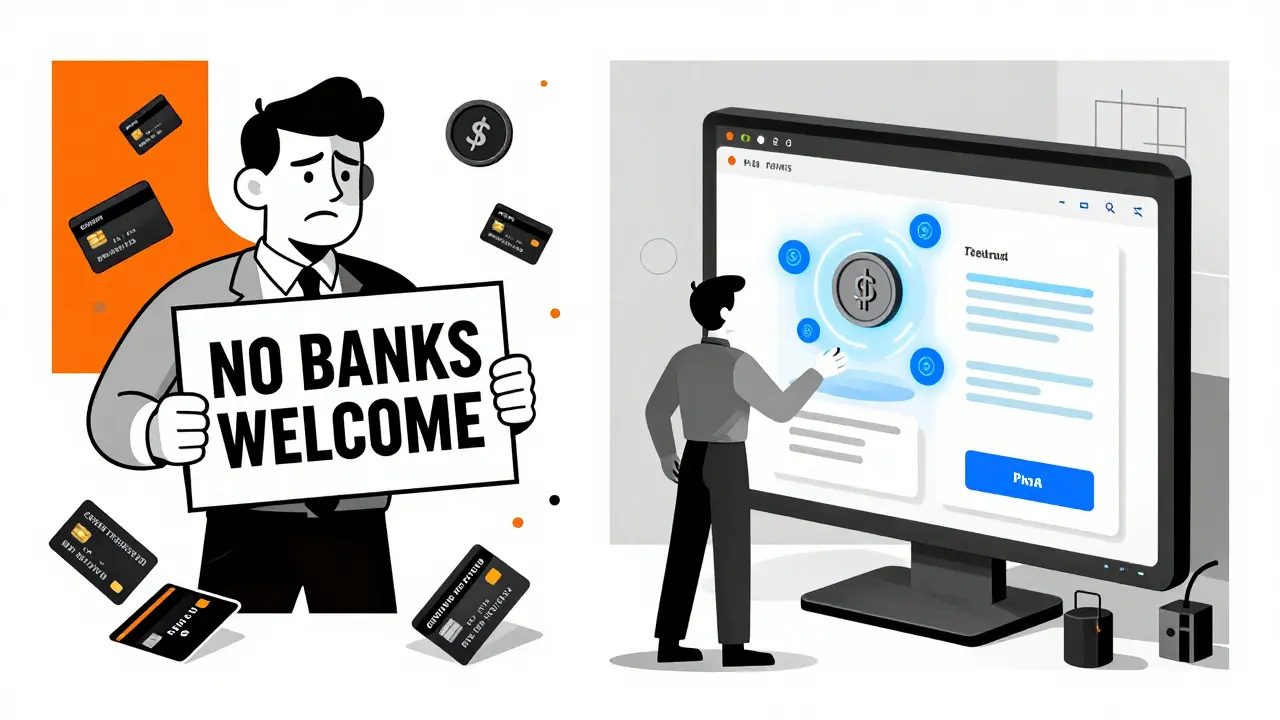 Split scene of rejected payment methods vs automated crypto pull-system with bold industrial aesthetics