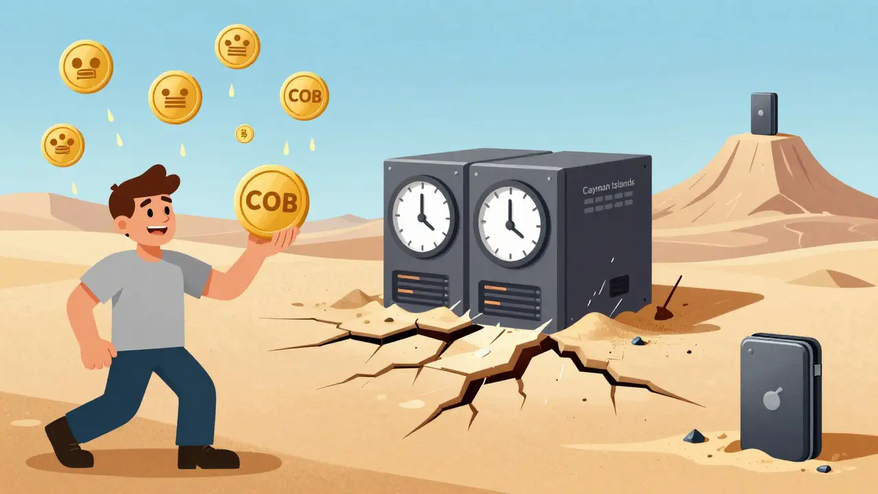 Split scene: one side trading freely with COB tokens, other side stranded with delayed withdrawals and crumbling server