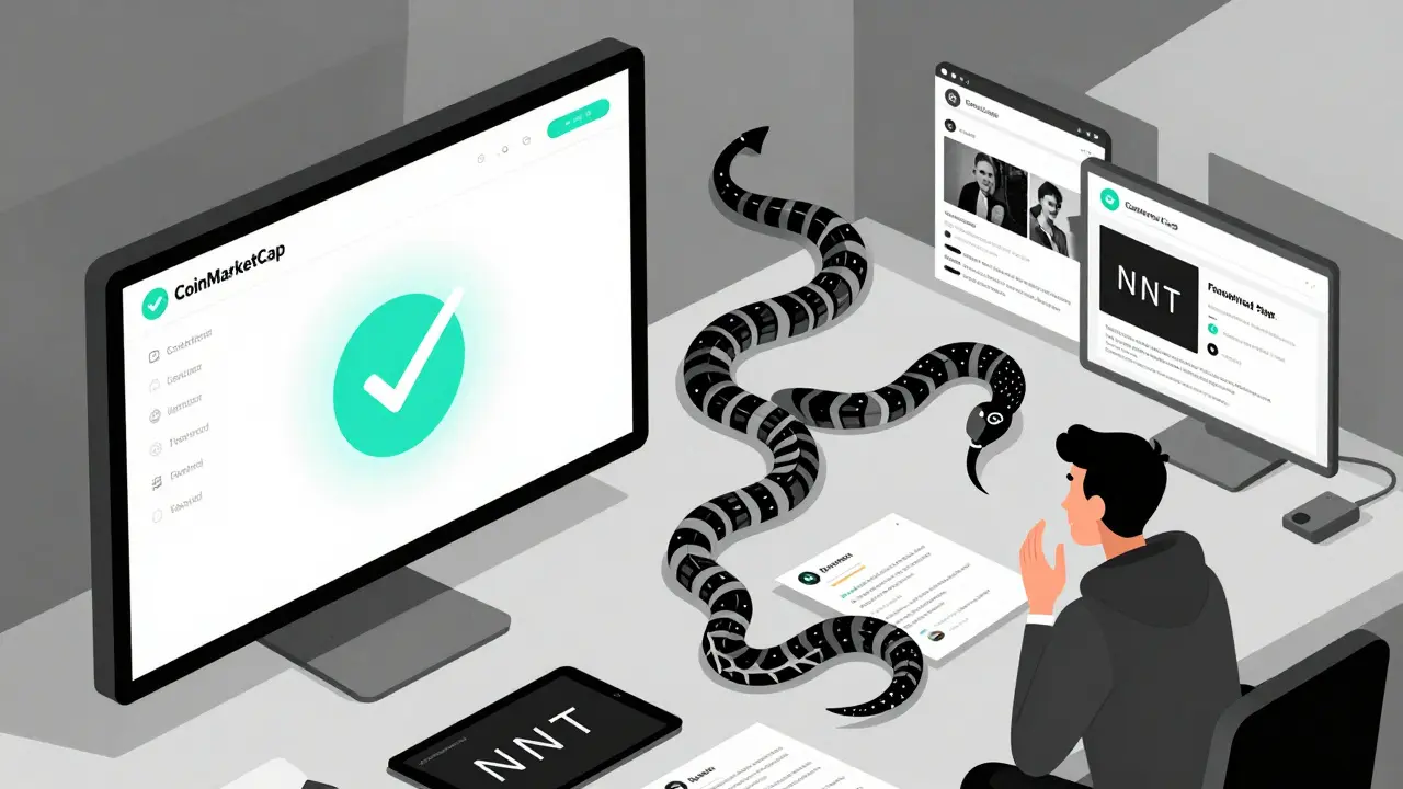 Split scene: verified NFT on left, fake NFTs with snake-like links on right, user hesitating between them.