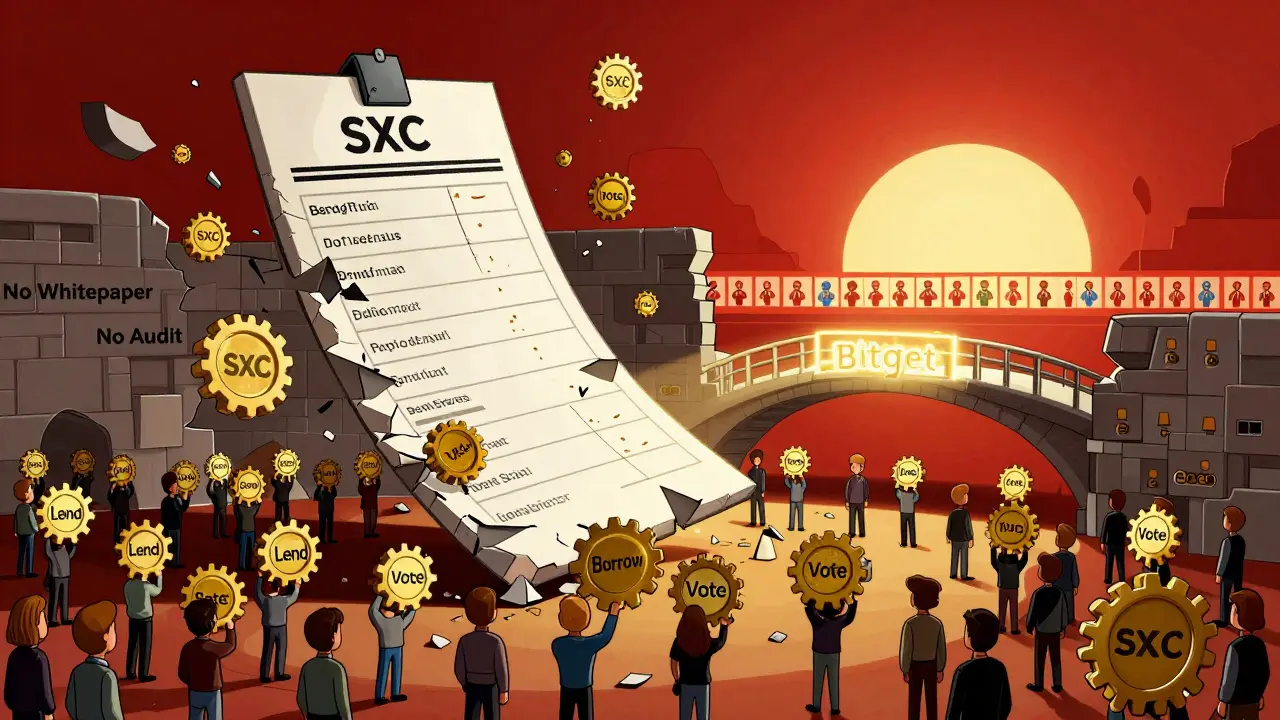 SXC tokens forming a voting ballot over a small crowd with a bridge to a better future.